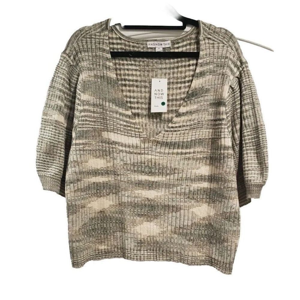 And Now This Ribbed Marbled Short Sleeve Sweater -Size 2x‎ -Moss Green/Stone NWT